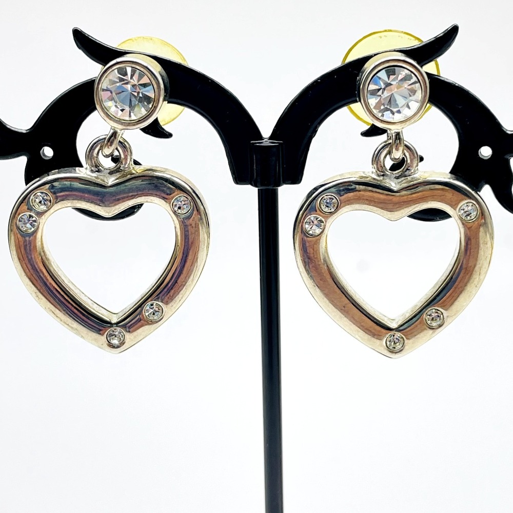 Vintage Signed E Pearl Pierced Earrings Silver Tone Heart Rhinestone Edwin Pearl
